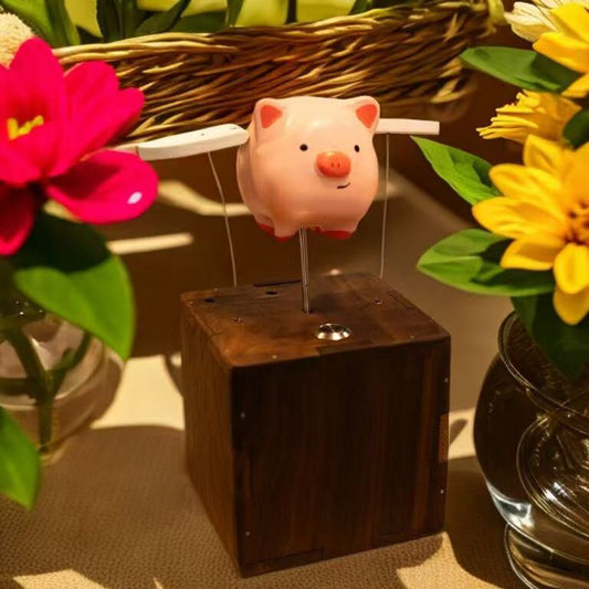 Artisan Wooden Flying Piggy Automaton